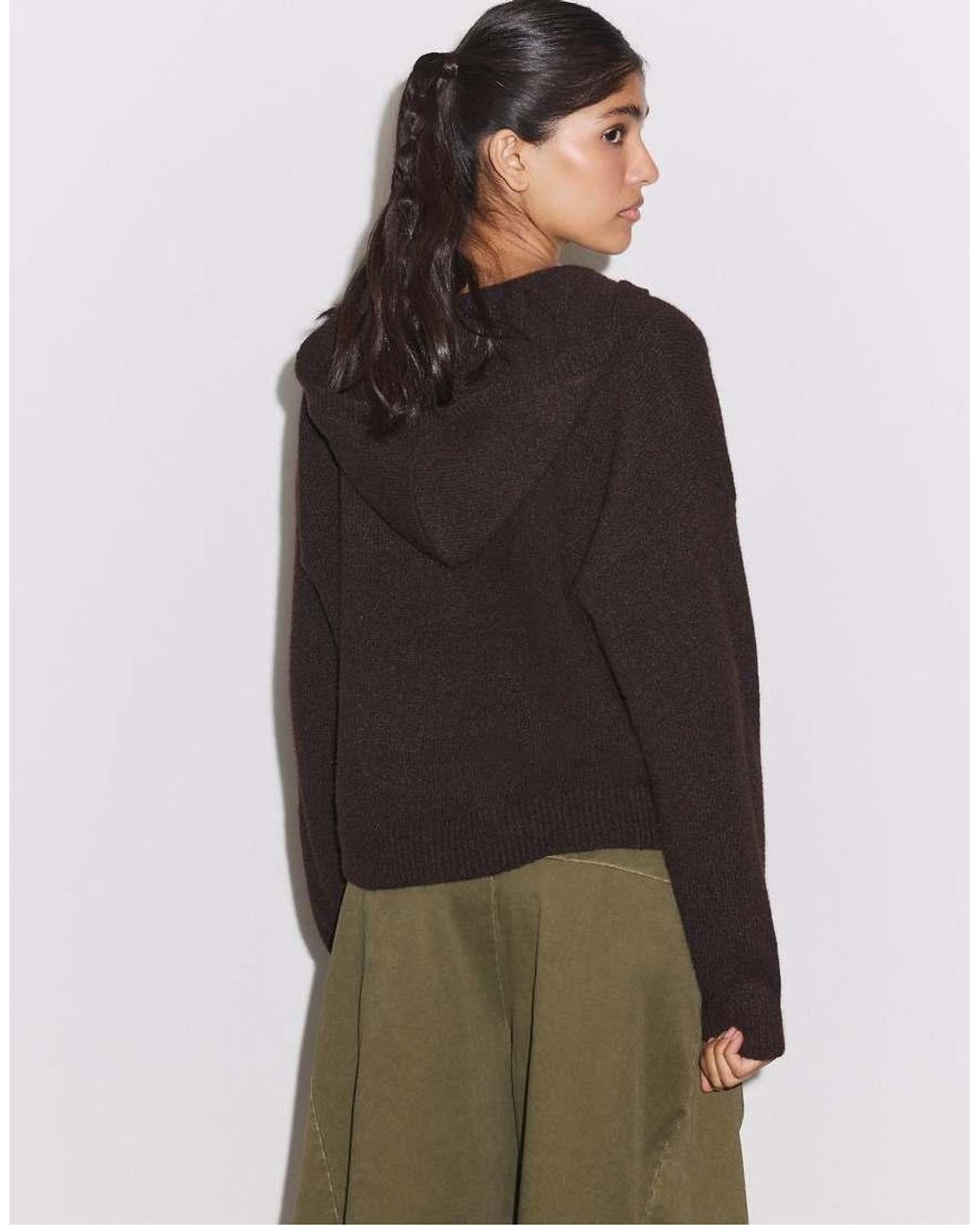 Stradivarius Brown Zipped Hooded Knit Cardigan