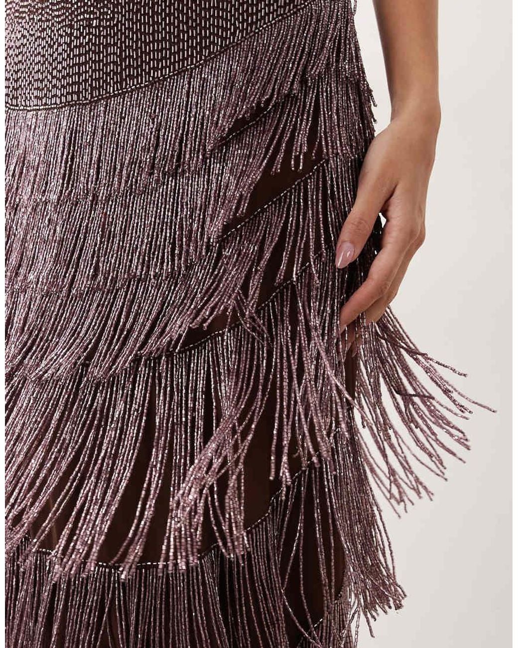 ARRANGE Blue Beaded Fringe Plunge Cowl Maxi Dress