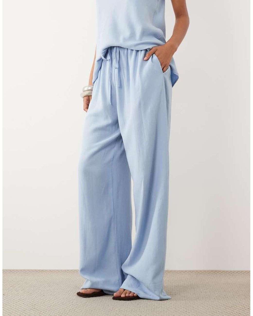 ASOS Blue Linen Blend Wide Leg Pull On Trouser