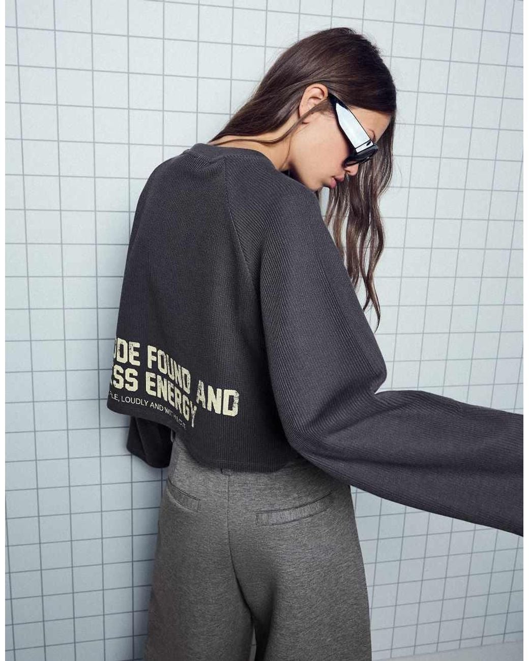 Bershka Gray Round Neck Print Sweatshirt