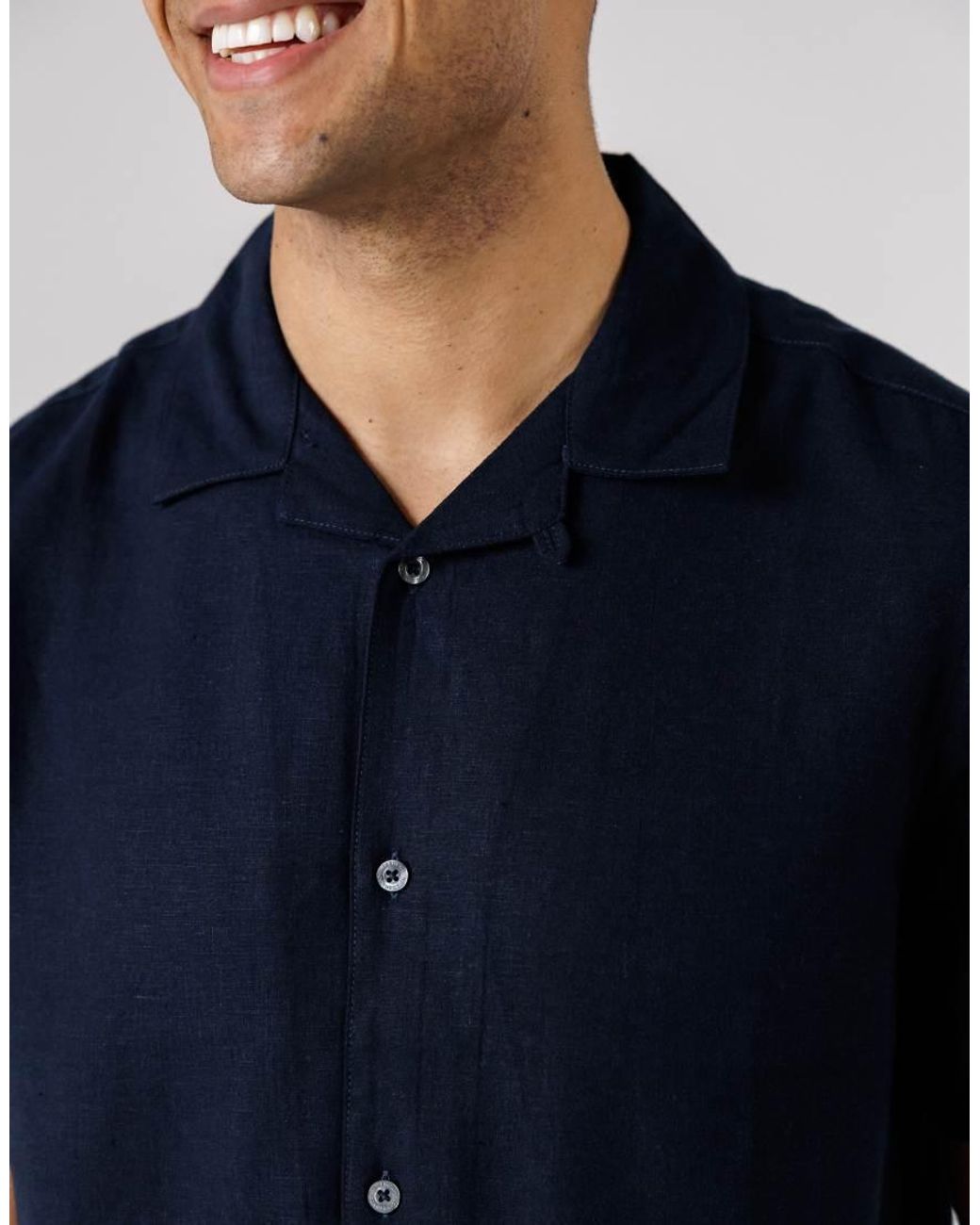 French Connection Blue Linen Blend Short Sleeve Revere Collar Shirt for men
