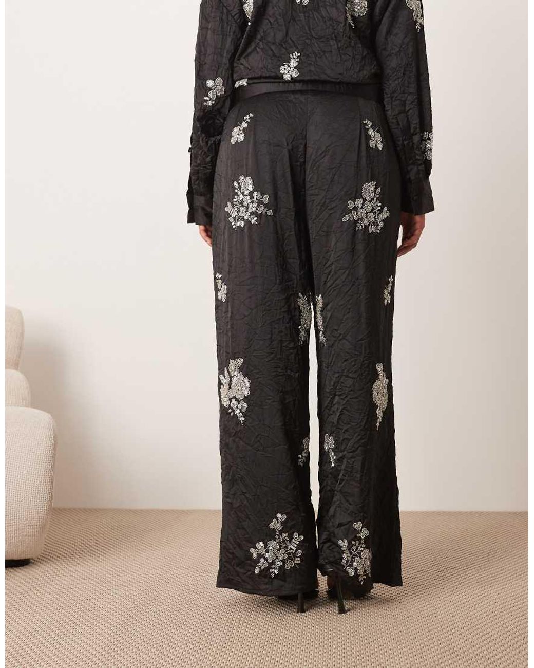 ARRANGE Black Curve Crinkle Satin Floral Embellished Trouser Co-Ord