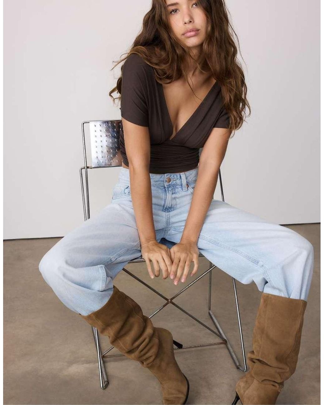 Stradivarius Brown Top With Gathered V-neckline