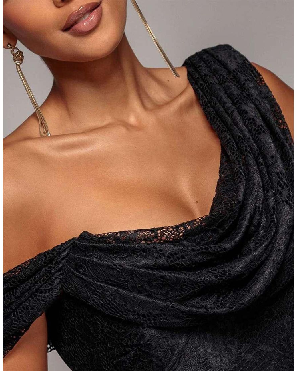 Goddiva Gray Lace Cowl One Shoulder Sculpting Stretch Jersey Crepe Maxi Dress