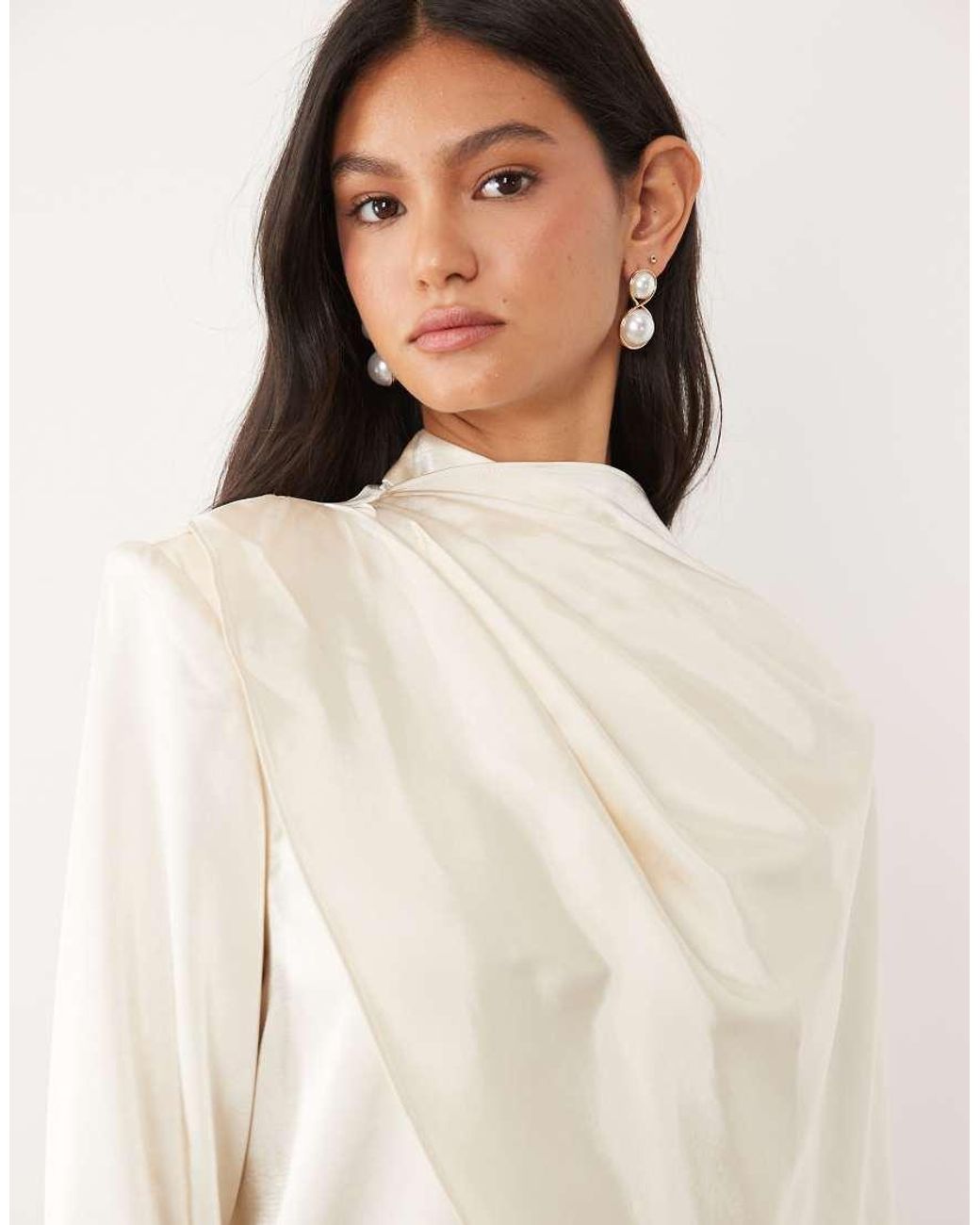 JW PEI Natural Satin Asymmetric Draped Cape Detail High Neck Top Co-Ord
