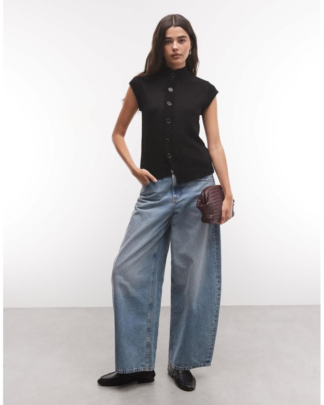 Collusion Blue Funnel Neck Button Knitted Top