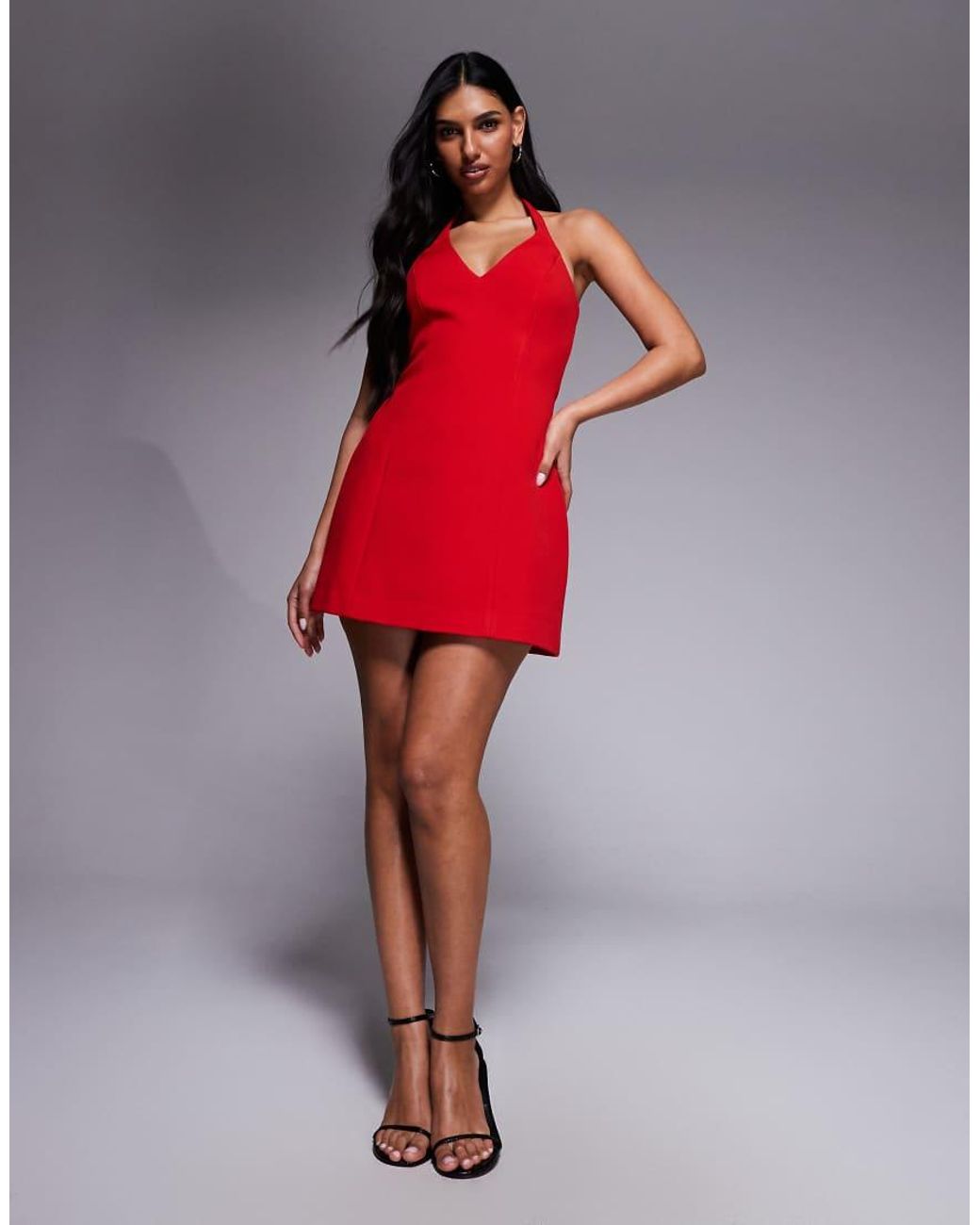 Forever New Red Plunge Crepe Halter Mini Dress