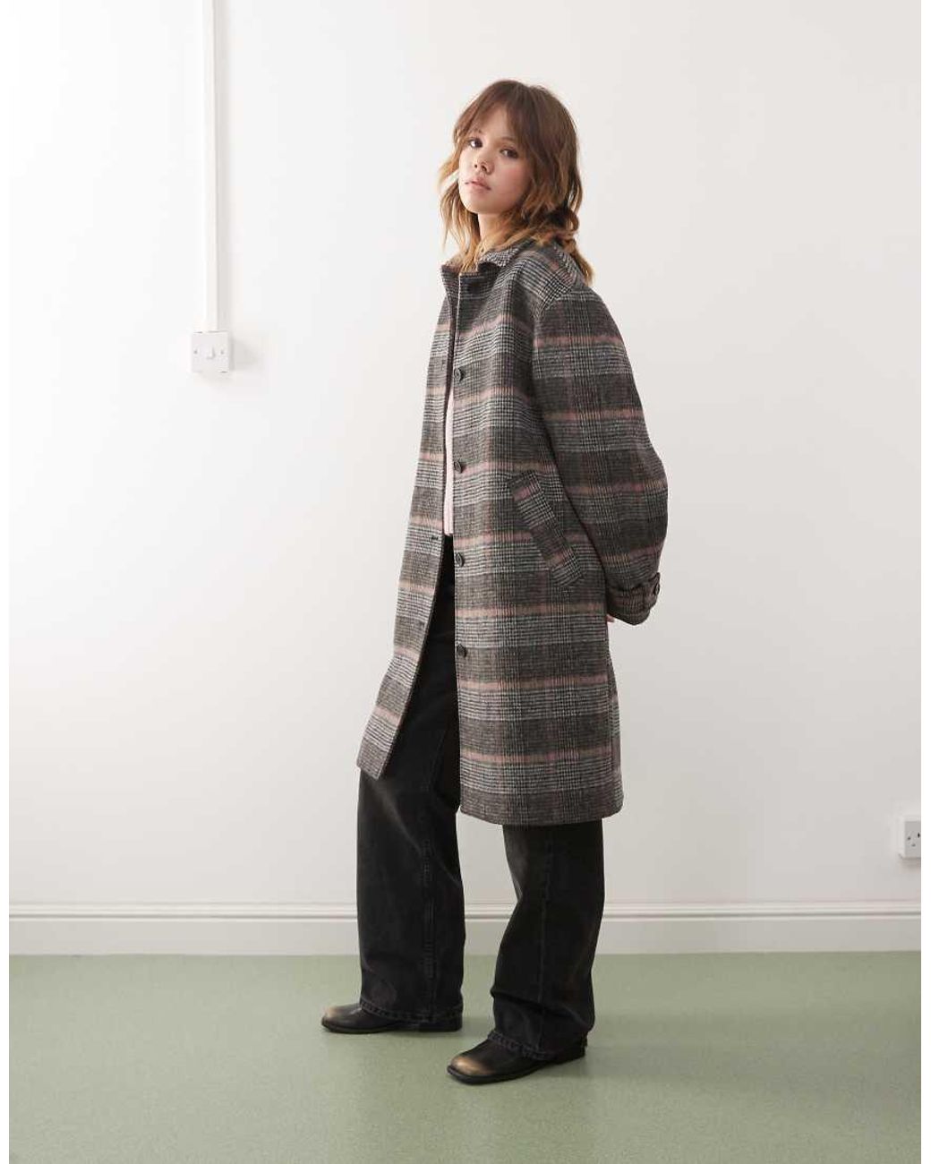 Monki Gray Longline Coat With Wool