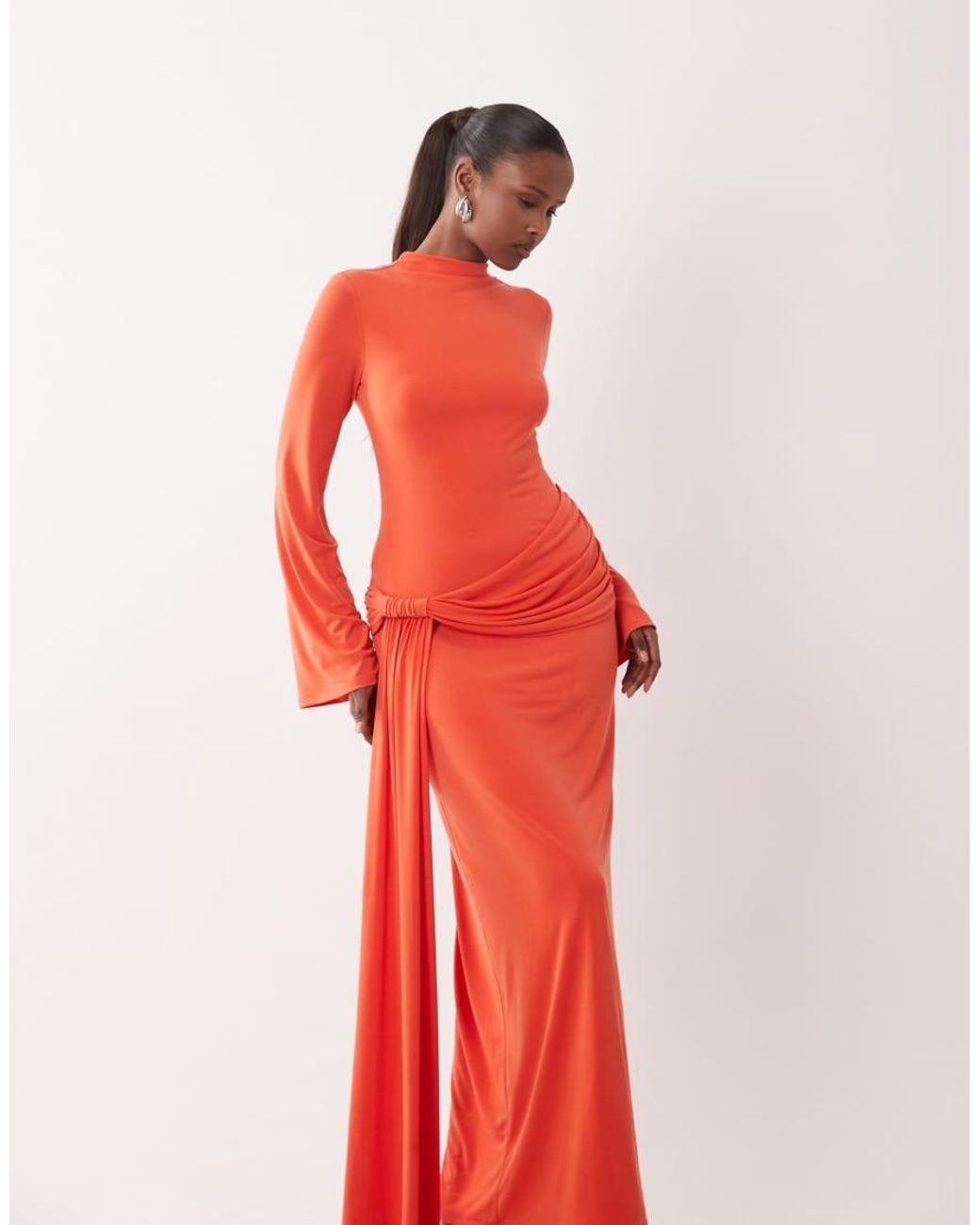 DASKA Red Slinky Long Sleeve High Neck Twist Drape Detail Maxi Dress