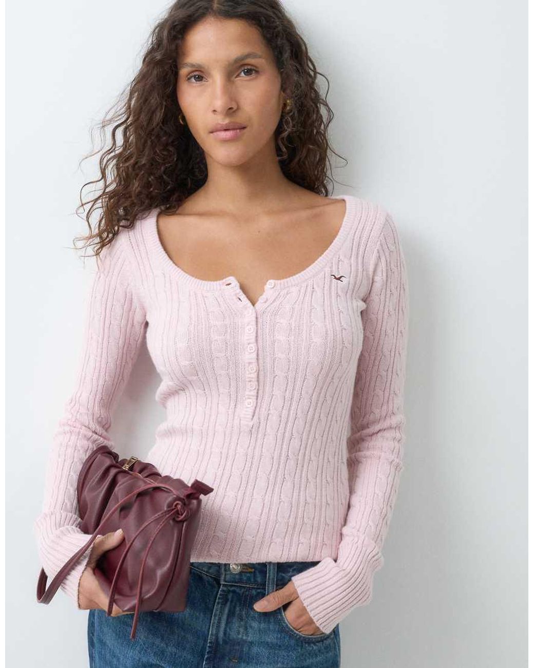 Hollister Pink Icon Logo Fitted Knitted Henley Top