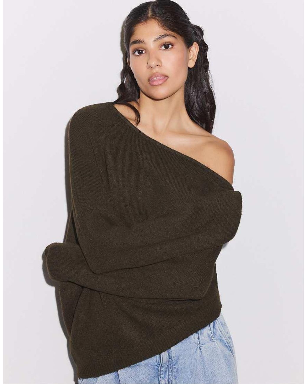 Stradivarius Brown Asymmetric Knit Sweater