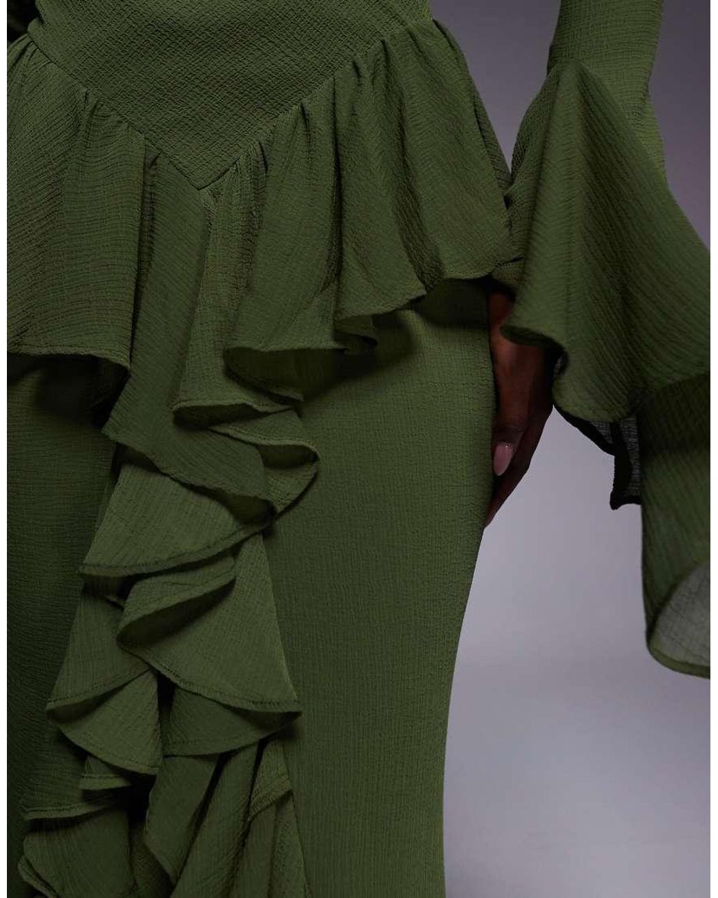 ASOS Green Long Sleeve Ruffle Maxi Dress