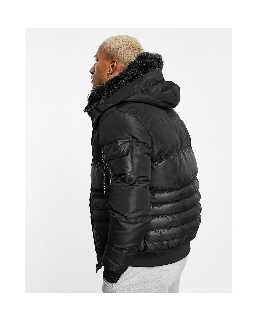 SIKSILK Distance Padded Jacket With Faux Fur Hood in Black for Men | Lyst