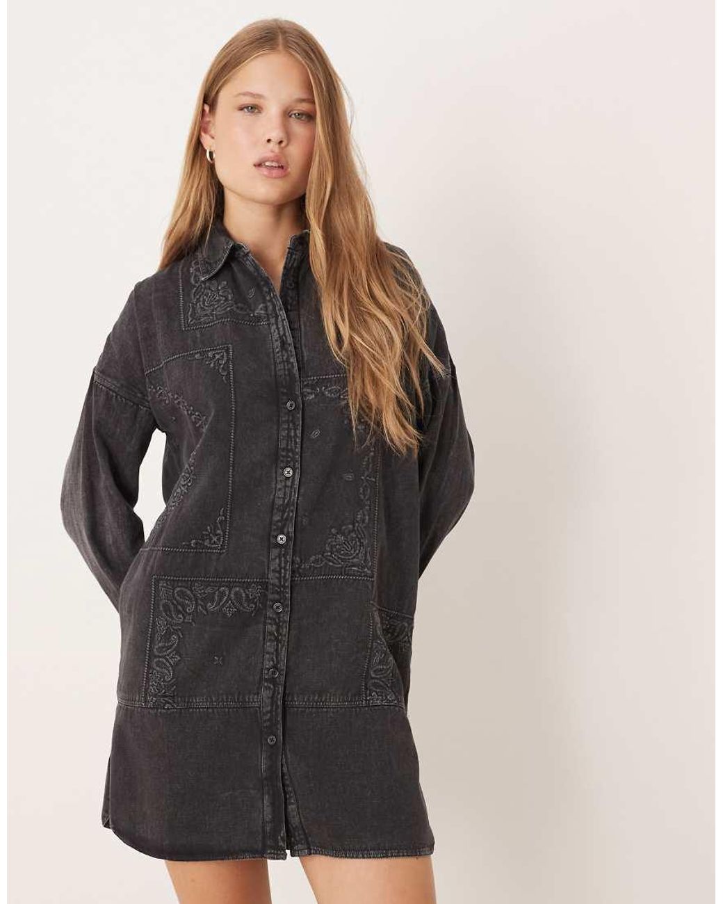 ASOS Gray Mini Twill Shirt Dress With Patchwork Embroidery