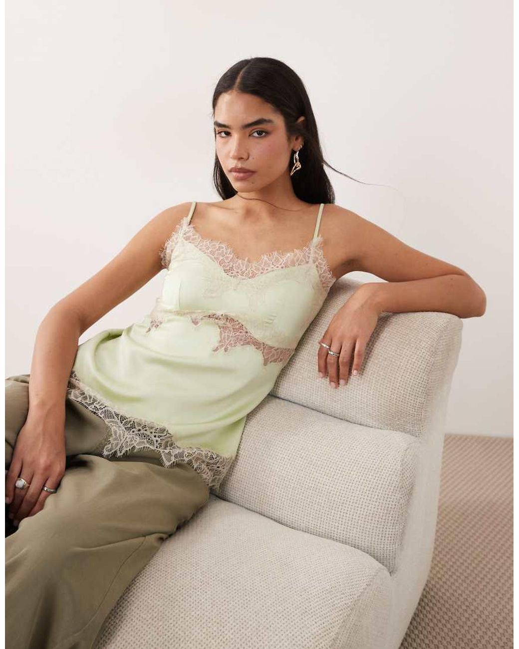 ASOS Natural Satin Lace Trim Long Line Cami Top