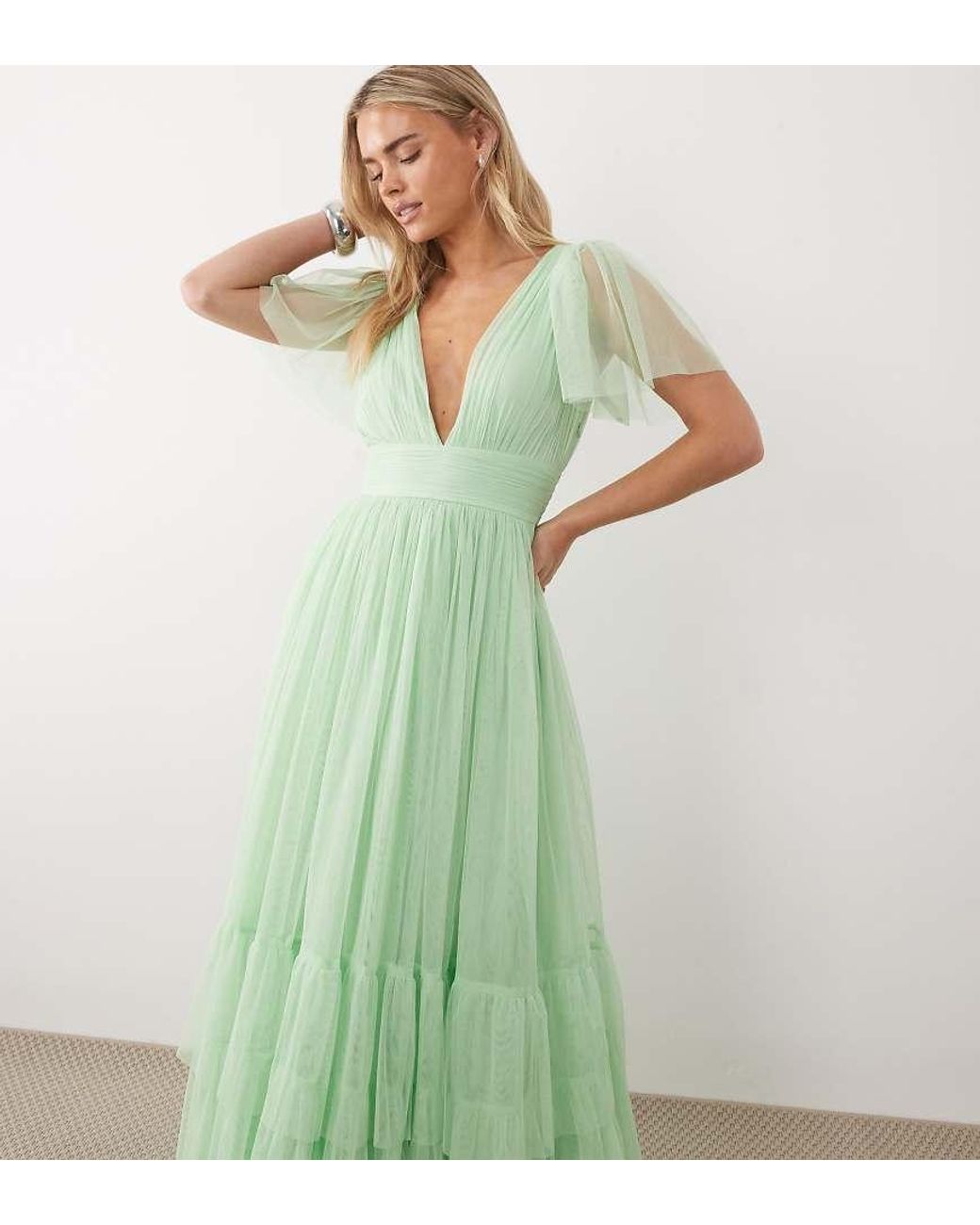 LACE & BEADS Green Bridesmaid Madison Smocked Flutter Sleeve Tiered Maxi Dress