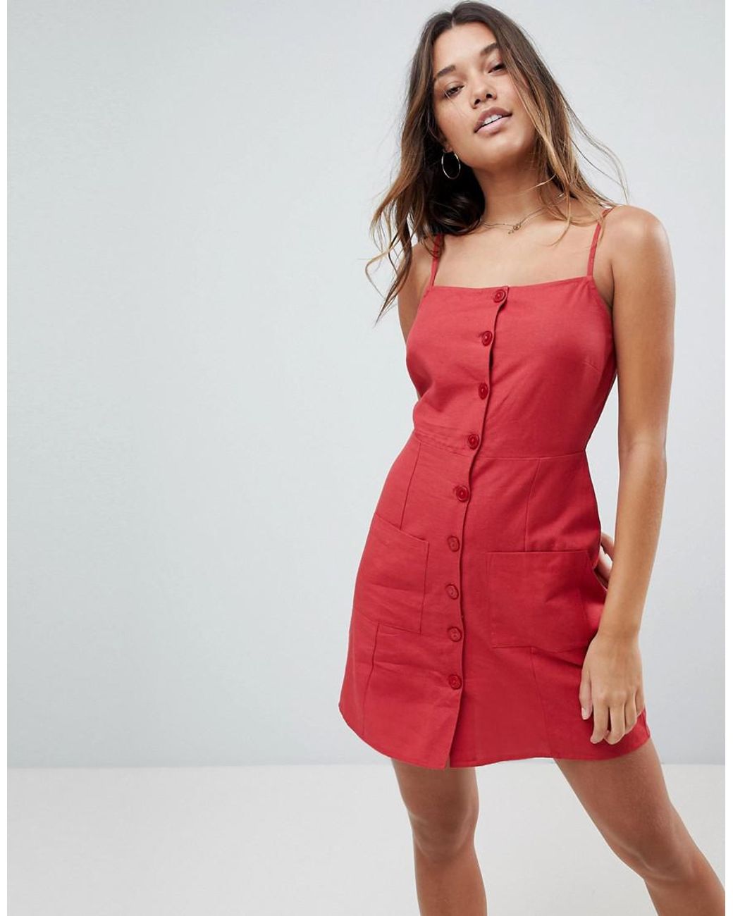 Robe d'été courte boutonnée en lin ASOS en coloris Rouge | Lyst