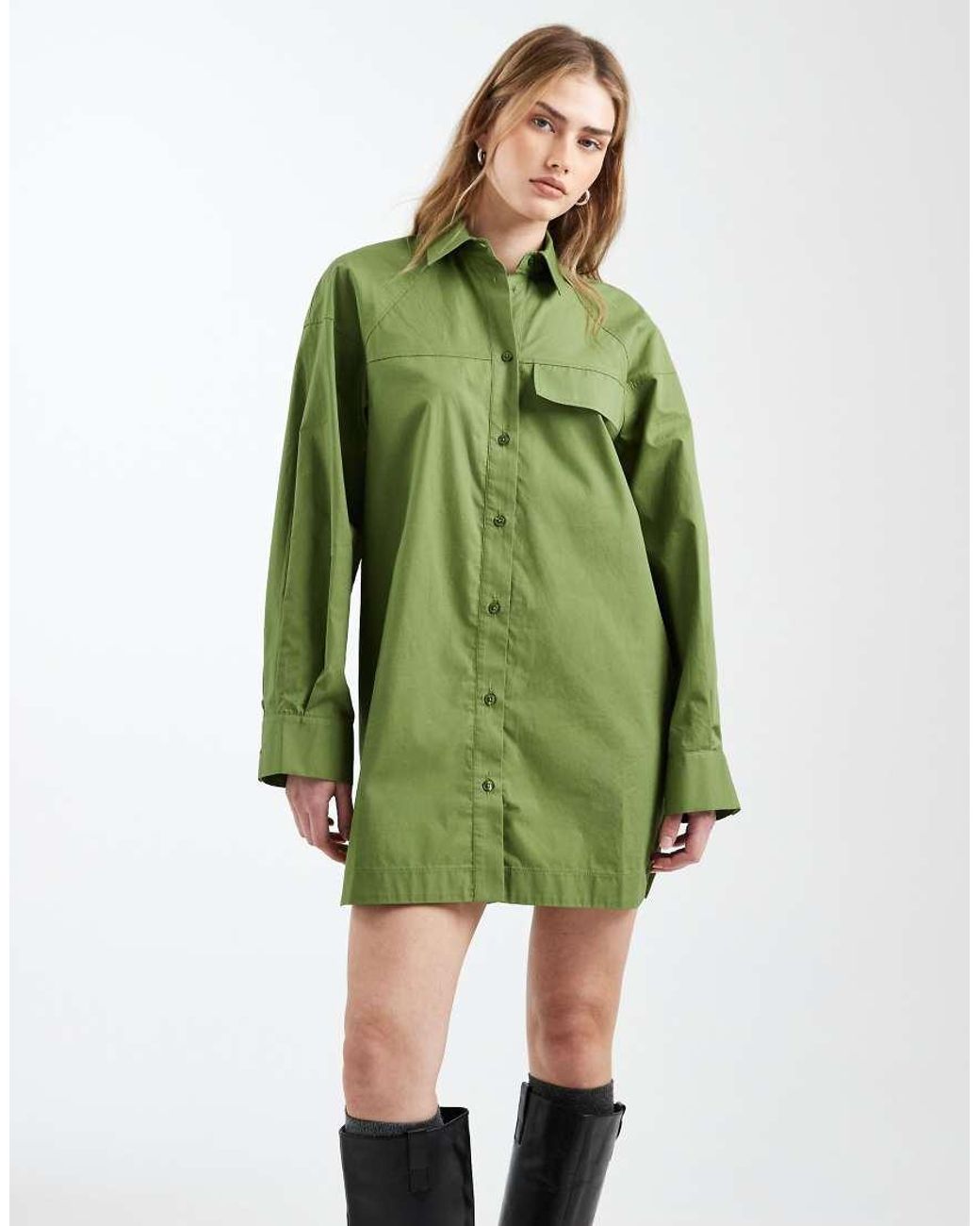 ASOS Green Long Sleeve Mini Shirt Dress With Front Pockets
