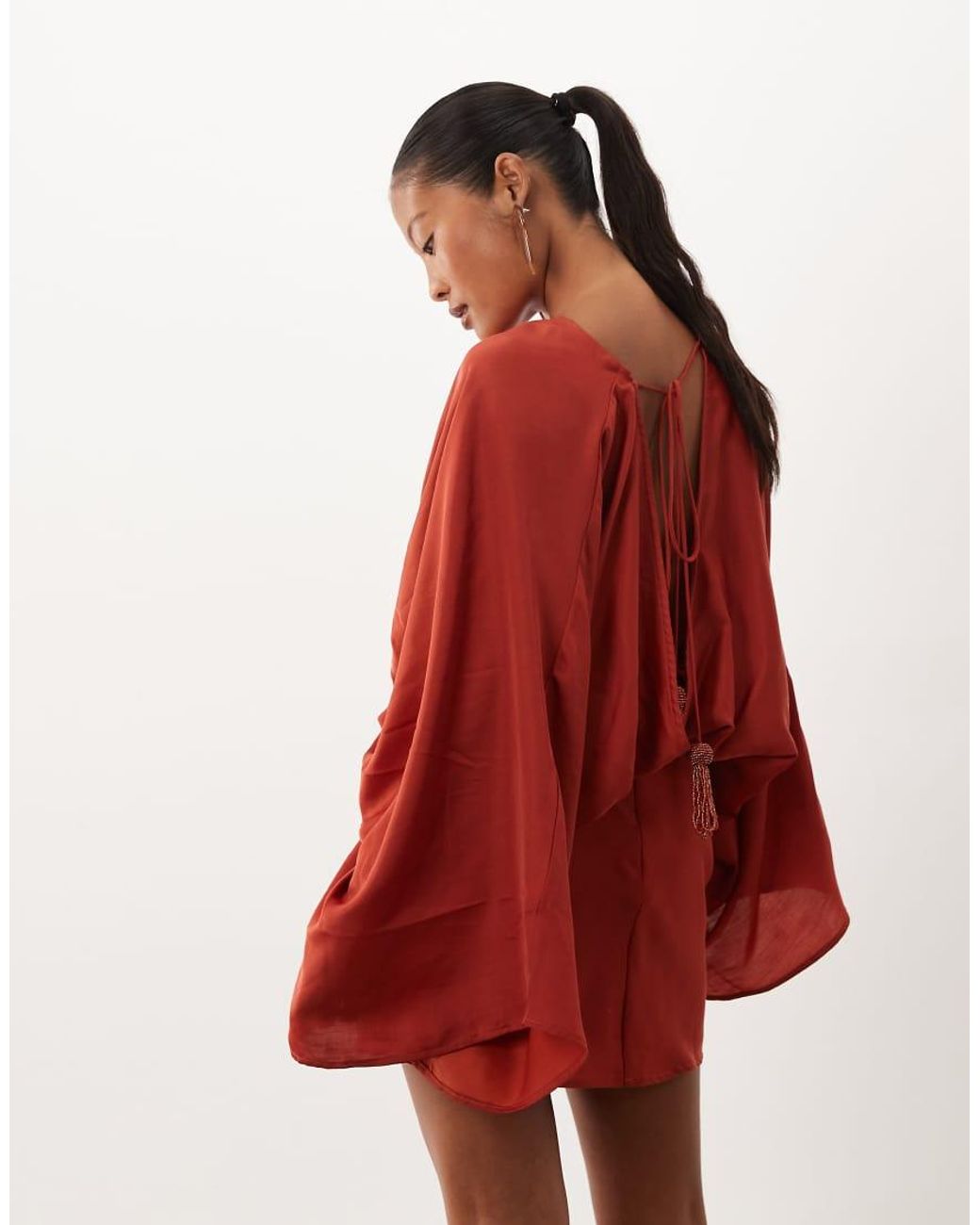 ASOS Red Asos Design Petite Cape Sleeve Open Back Mini Dress With Tassels