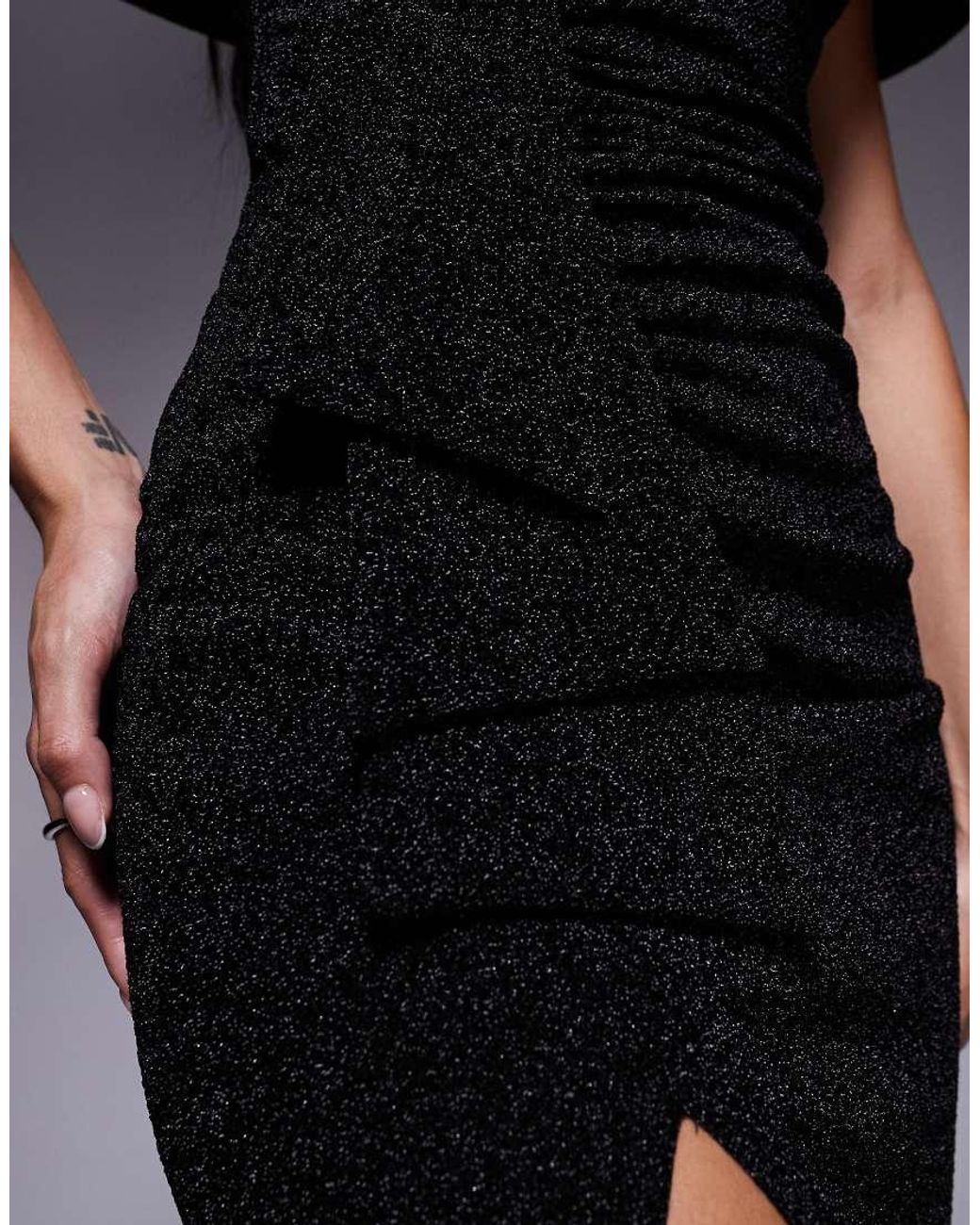 Goddiva Black Sparkling Bardot Midi With Waterfall Ruffle