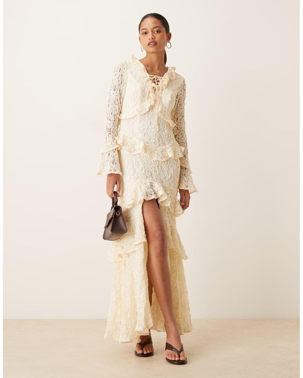 True Decadence Natural Ruffle Lace Up Maxi Dress