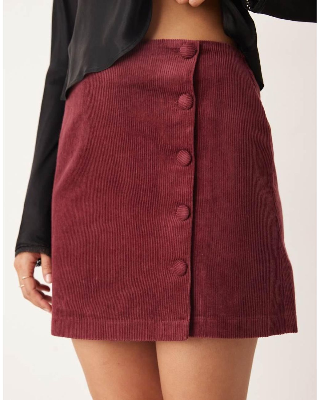 Nobody's Child Red Bingley Cord Wrap Button Front Mini Skirt