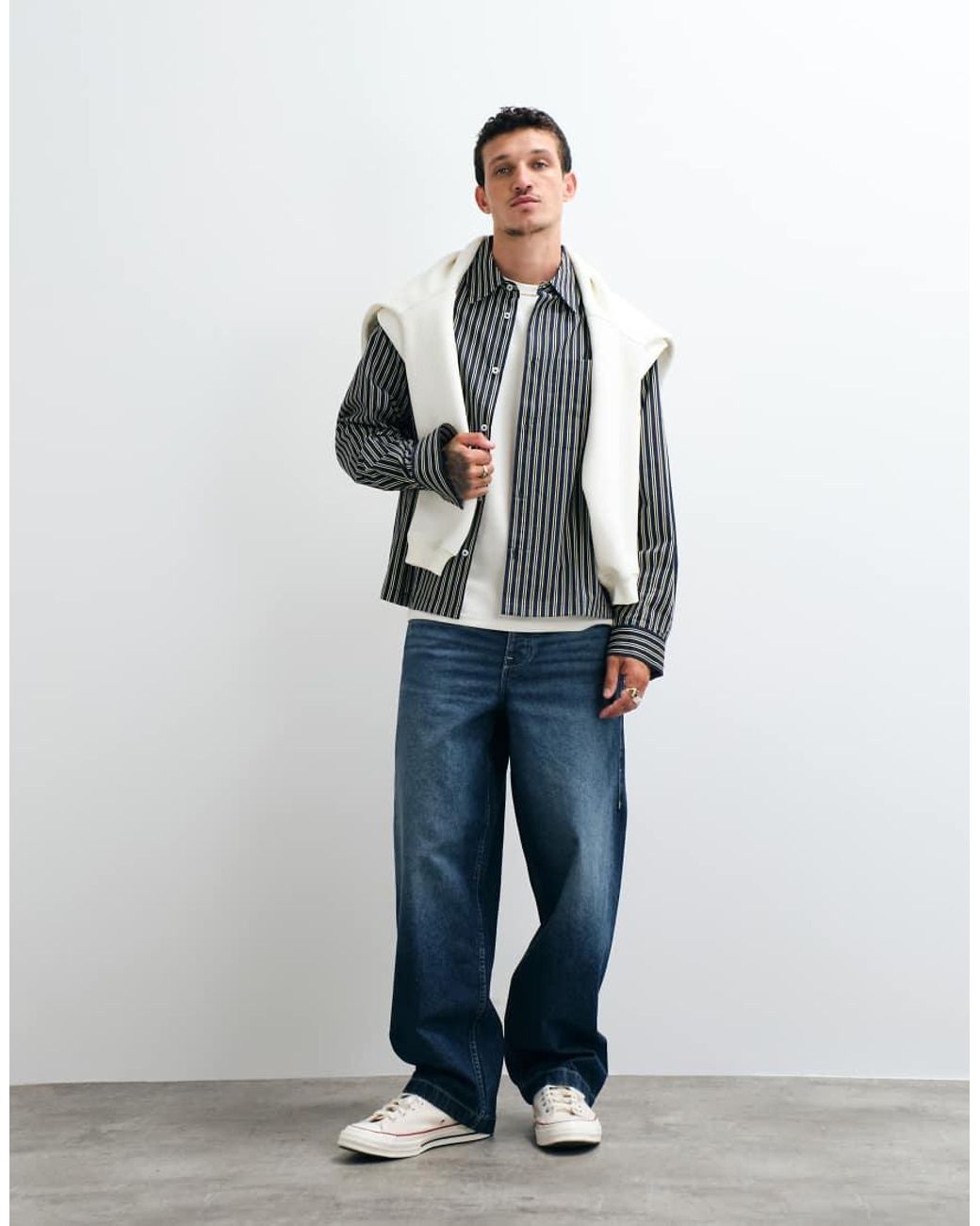 ASOS Gray Boxy Oversized Poplin Stripe Shirt for men