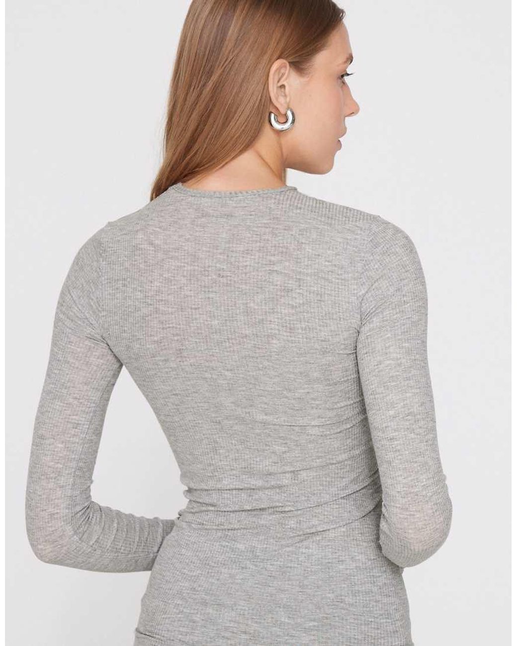 Tezenis Gray Long Sleeve Round Neck Ribbed Top