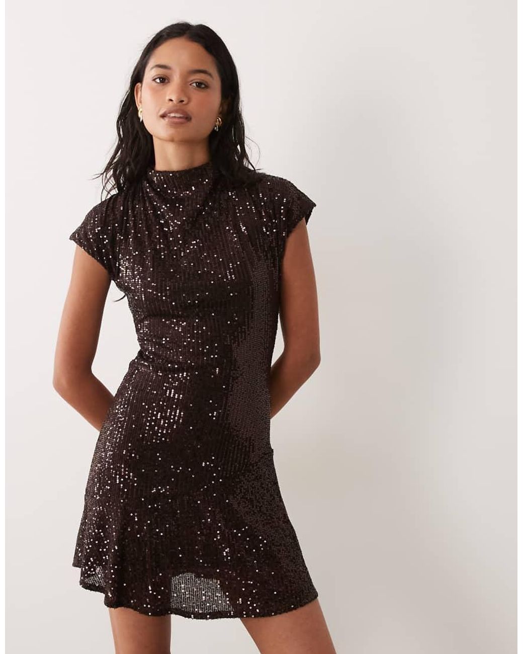 New Look Natural Drape Neck Detail Sequin Mini Dress