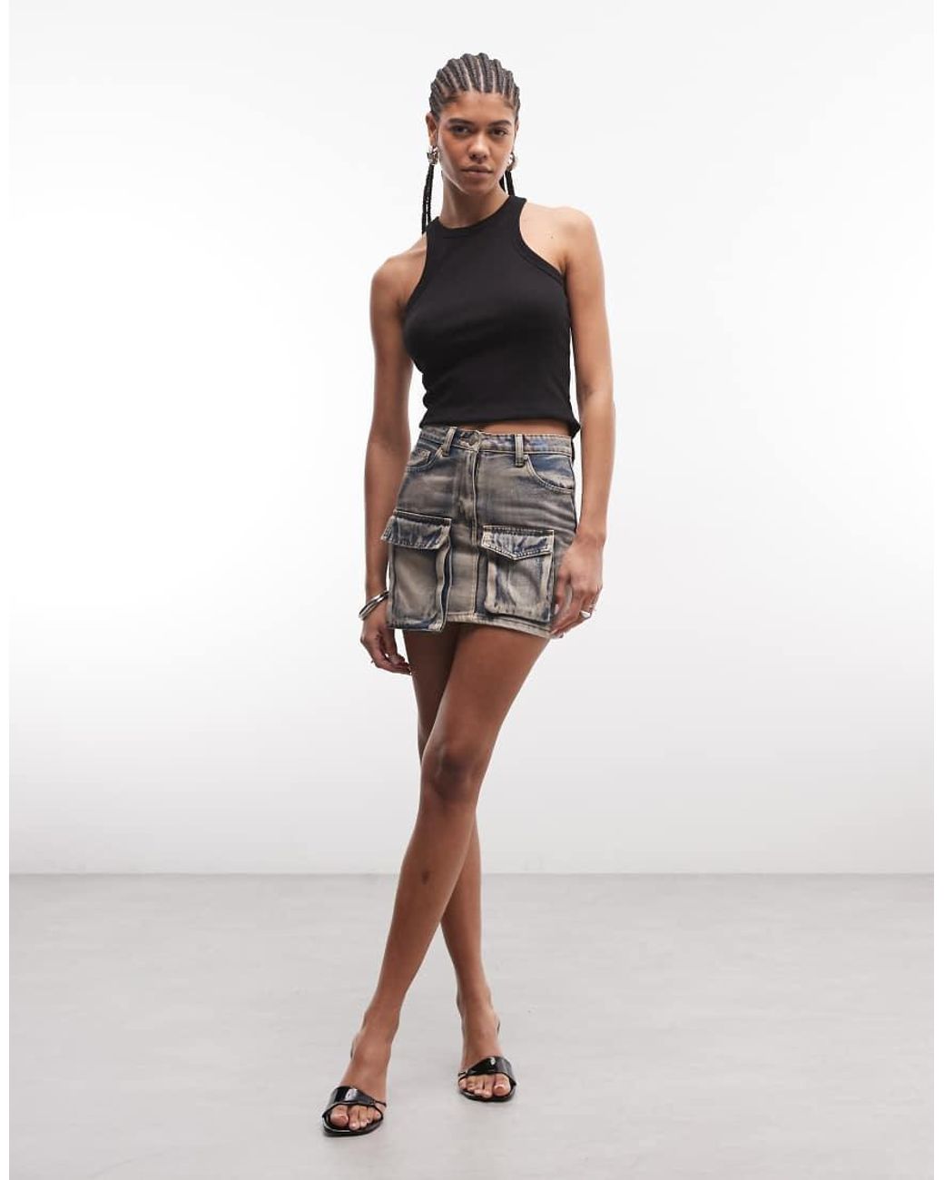 Liquor N Poker Black Utility Denim Mini Skirt