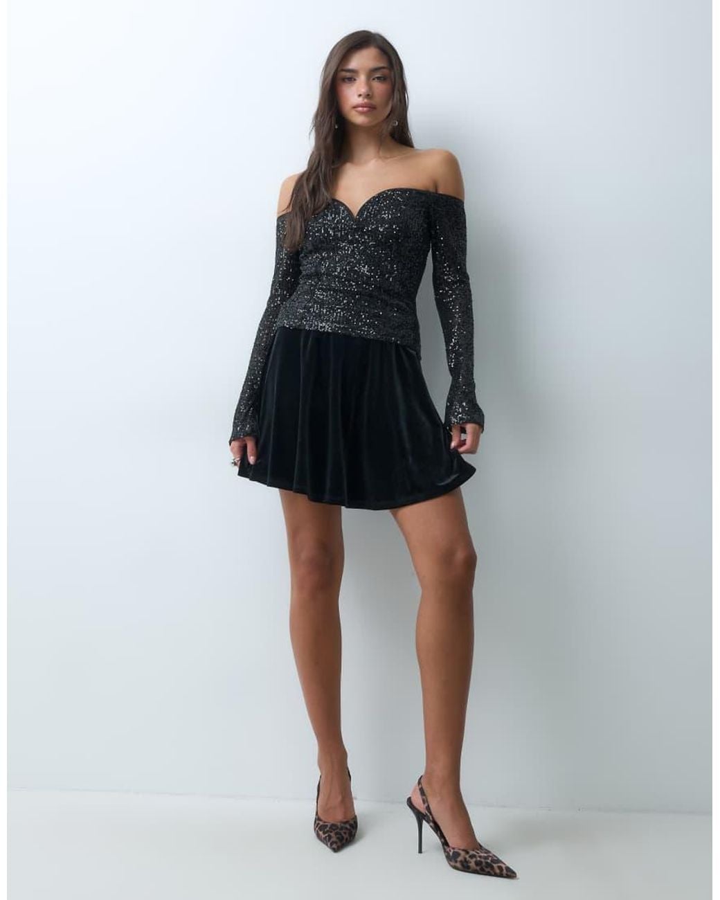 ASOS Black Allover Sequin Long Sleeve Plunge Bardot Top