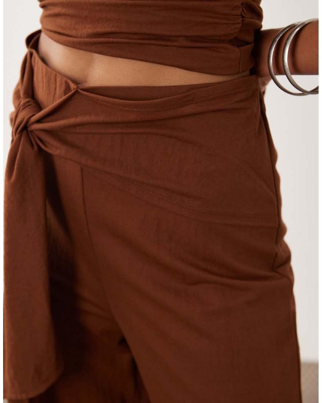ASOS Brown Linen Look Sarong Detail Wide Leg Trouser Co-ord