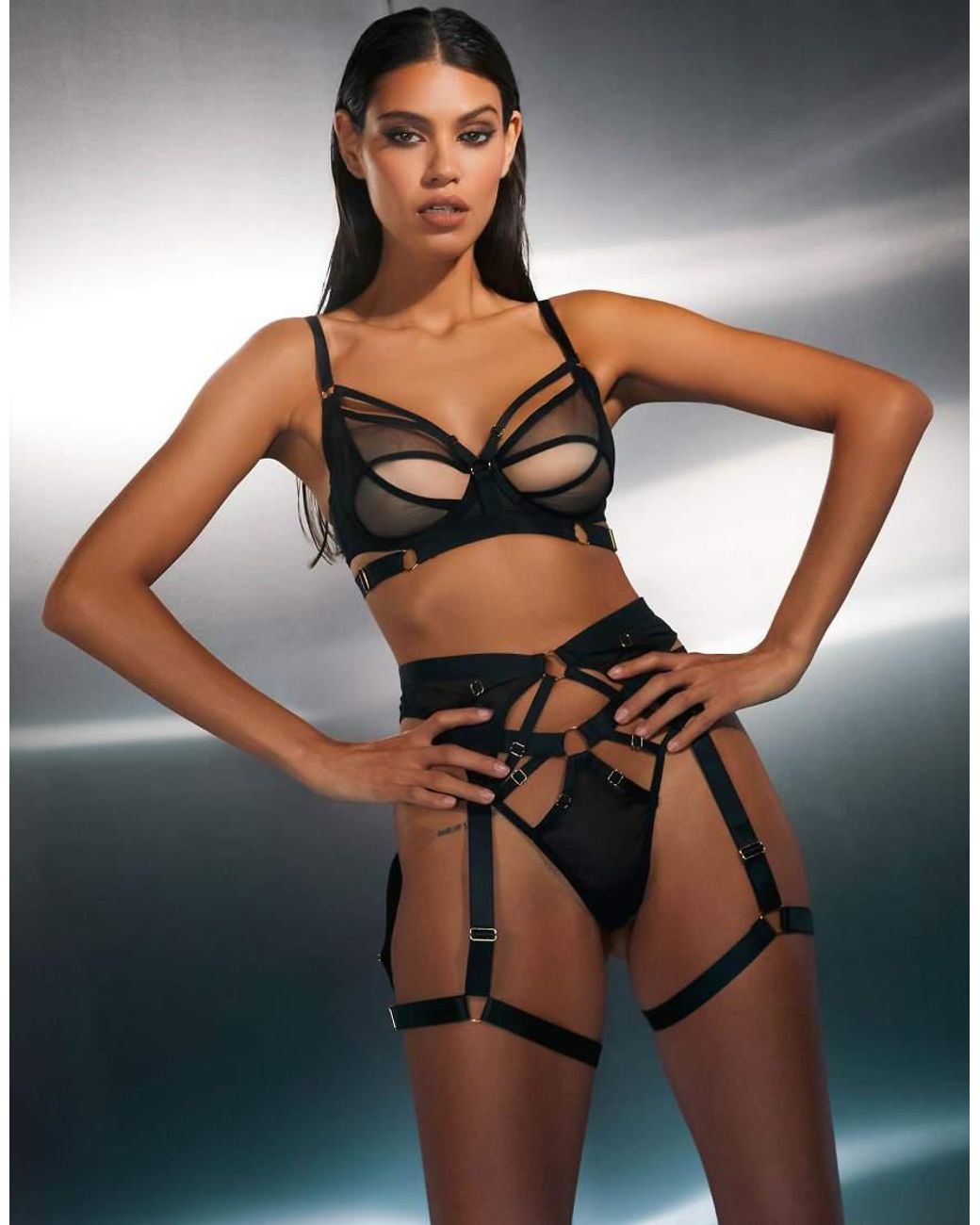 Wolf & Whistle Black Alexa Mesh Overlay Thick Strap Thong