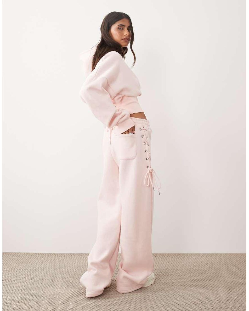 Kaiia Pink Cotton Rich Lace Up Side Detail Wide Leg joggers Co-ord