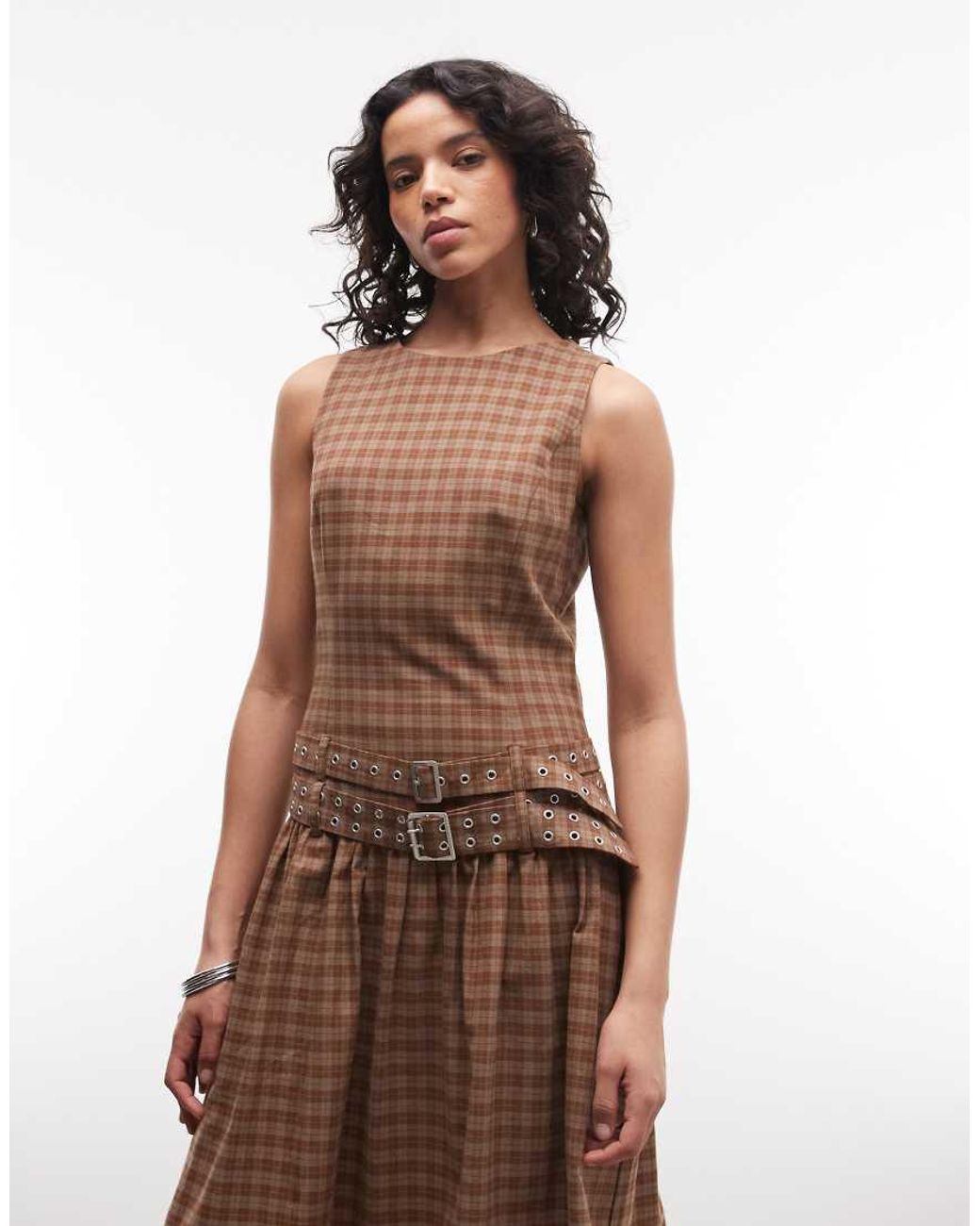 The Ragged Priest Brown Drop Waist Belted Midi Dress
