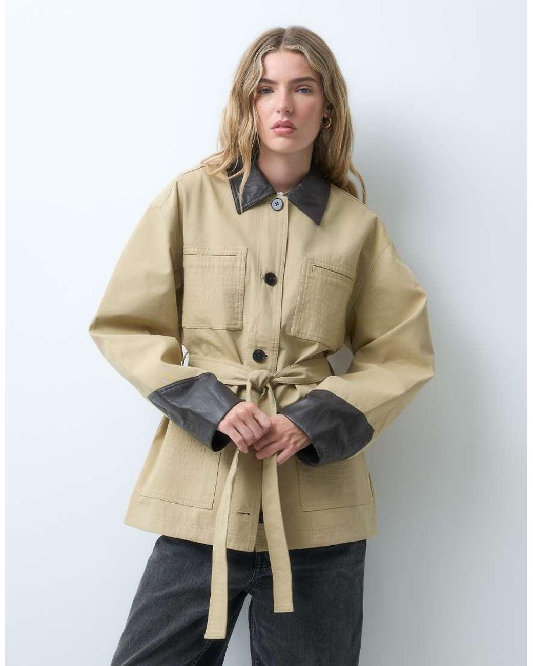 Object Natural Tie-waist Short Jacket With Contrast Details