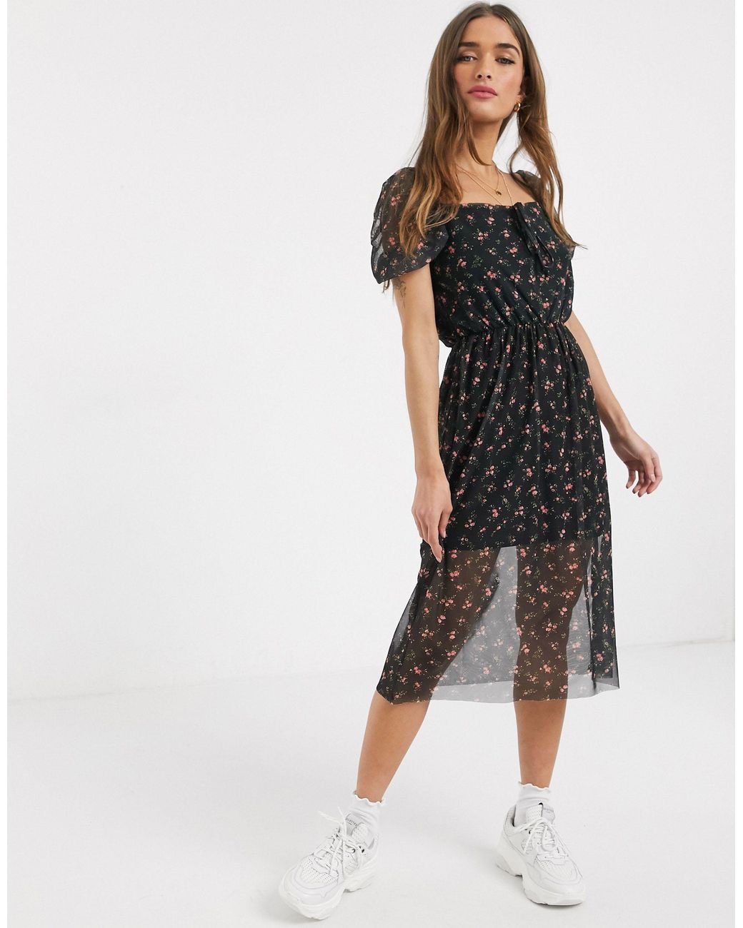 black folk floral ditsy print dress