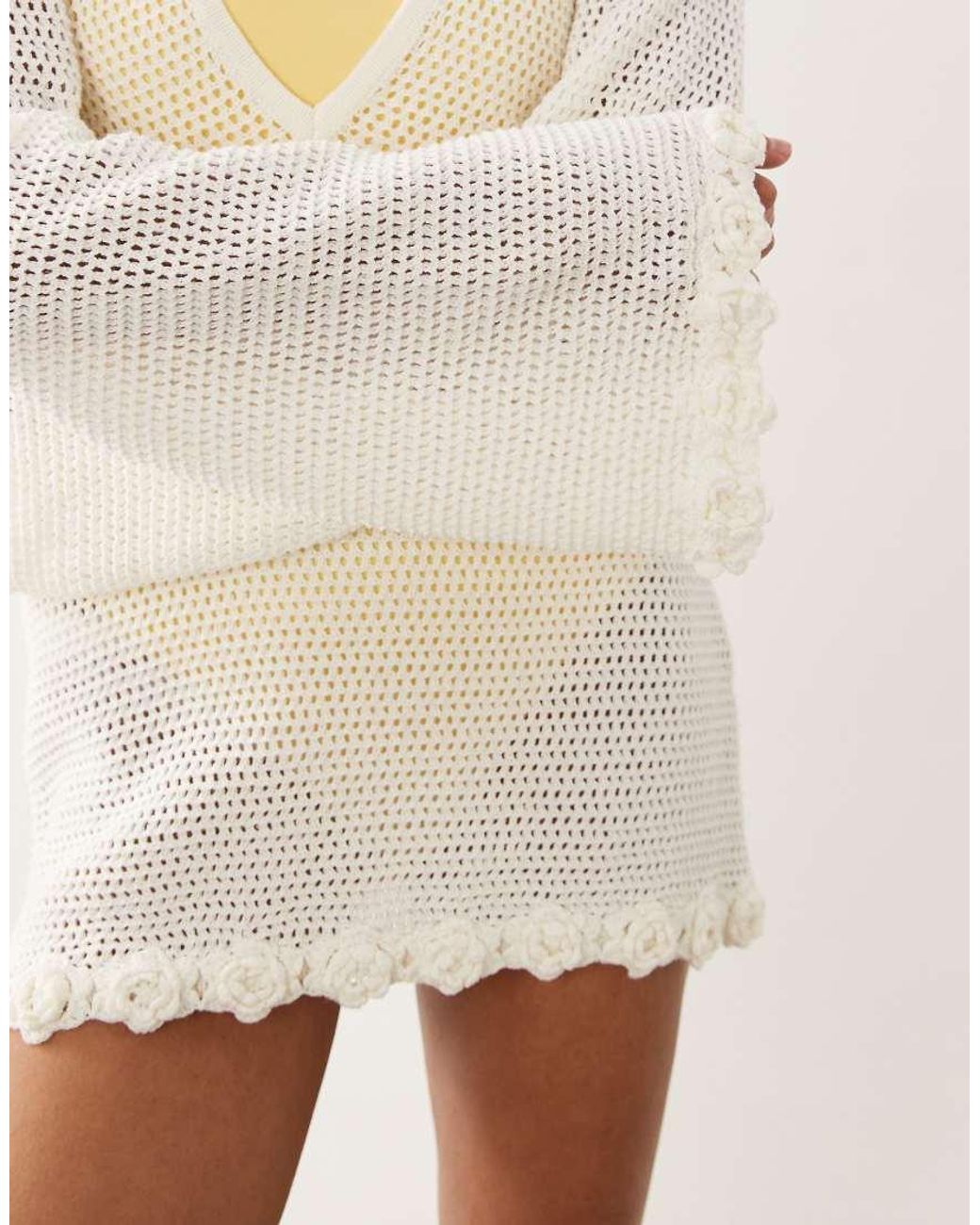 The Frolic Natural Exclusive Cotton Blend Crochet Plunge Flower Trim Beach Mini Dress