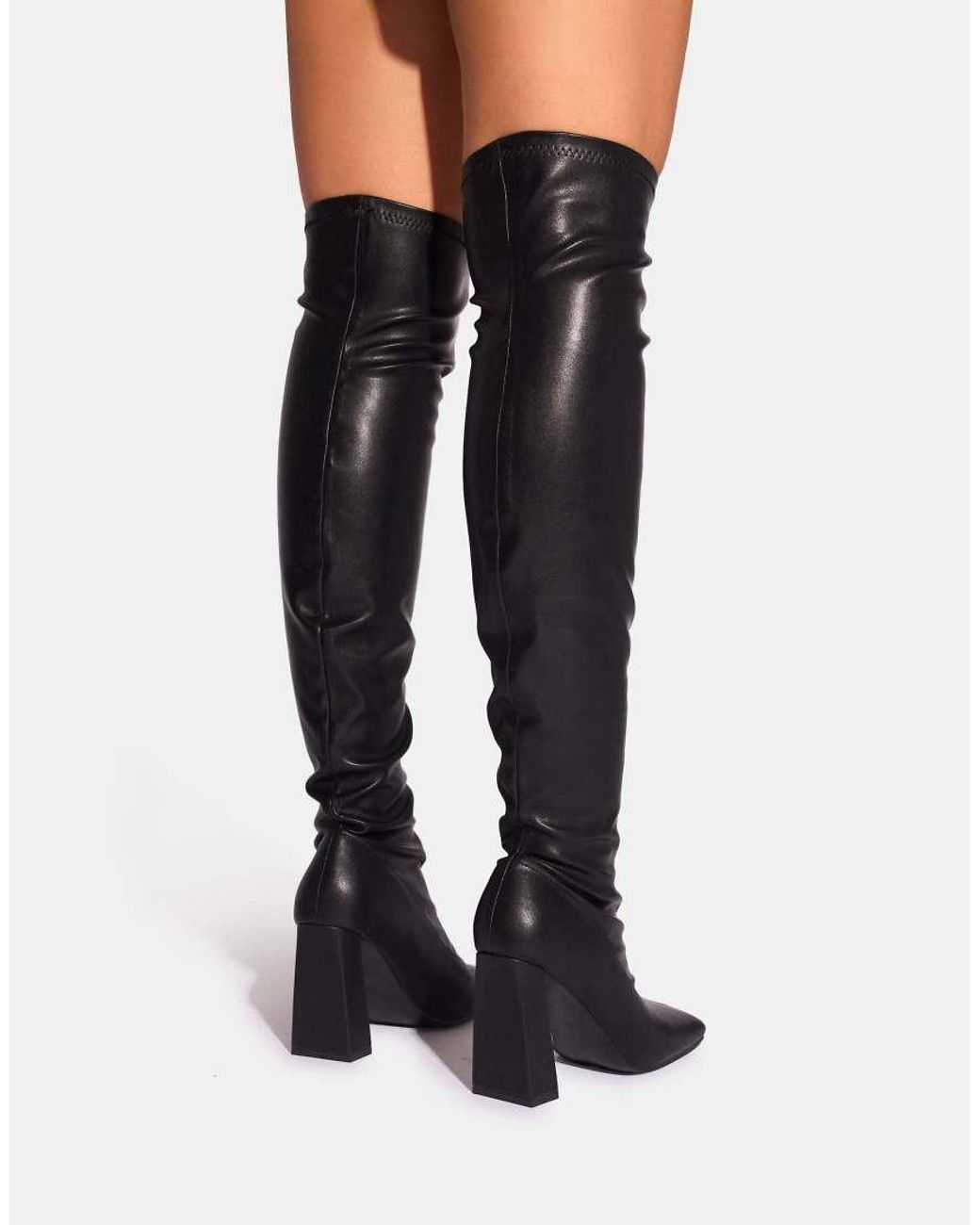 Public Desire Black Showoff Pu Block Heel Over The Knee Boot