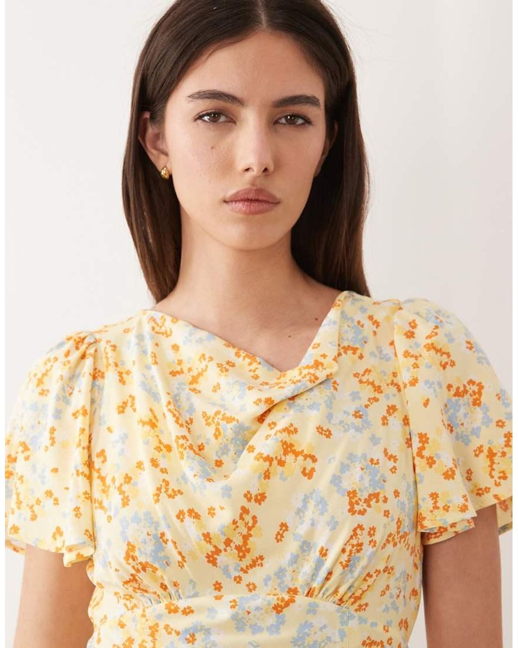 Nobody's Child Natural Cheryl Cowl Neck Flutter Sleeve Split Detail Midi Dress