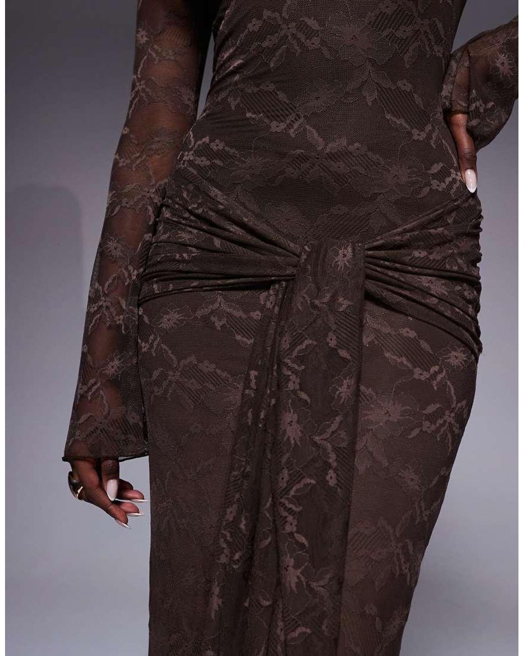 Kaiia Blue Exclusive Double Layered Slinky Lace Bardot Flare Sleeve Tie Waist Drape Detail Maxi Dress