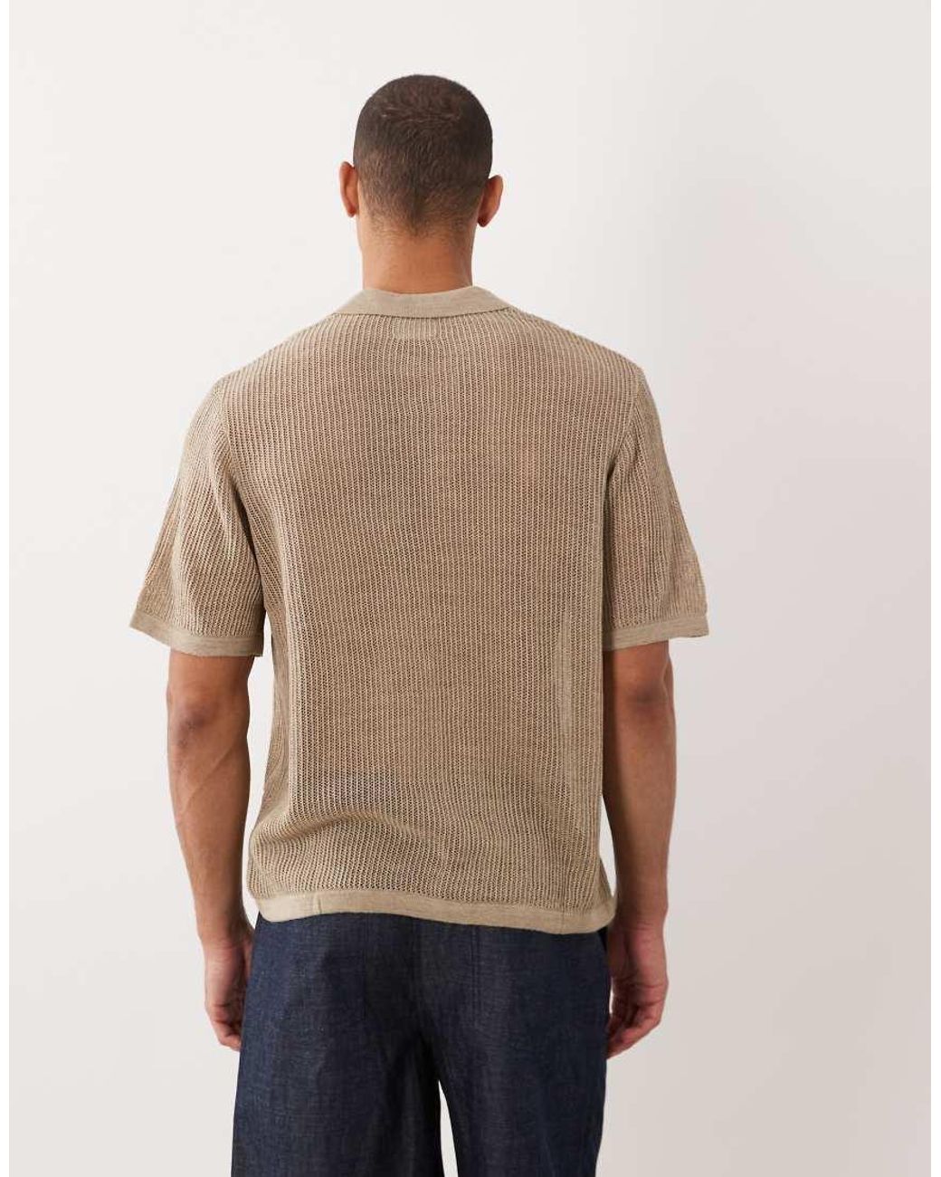 ASOS Natural Oversized Knitted Short Sleeve Notch Neck Polo for men