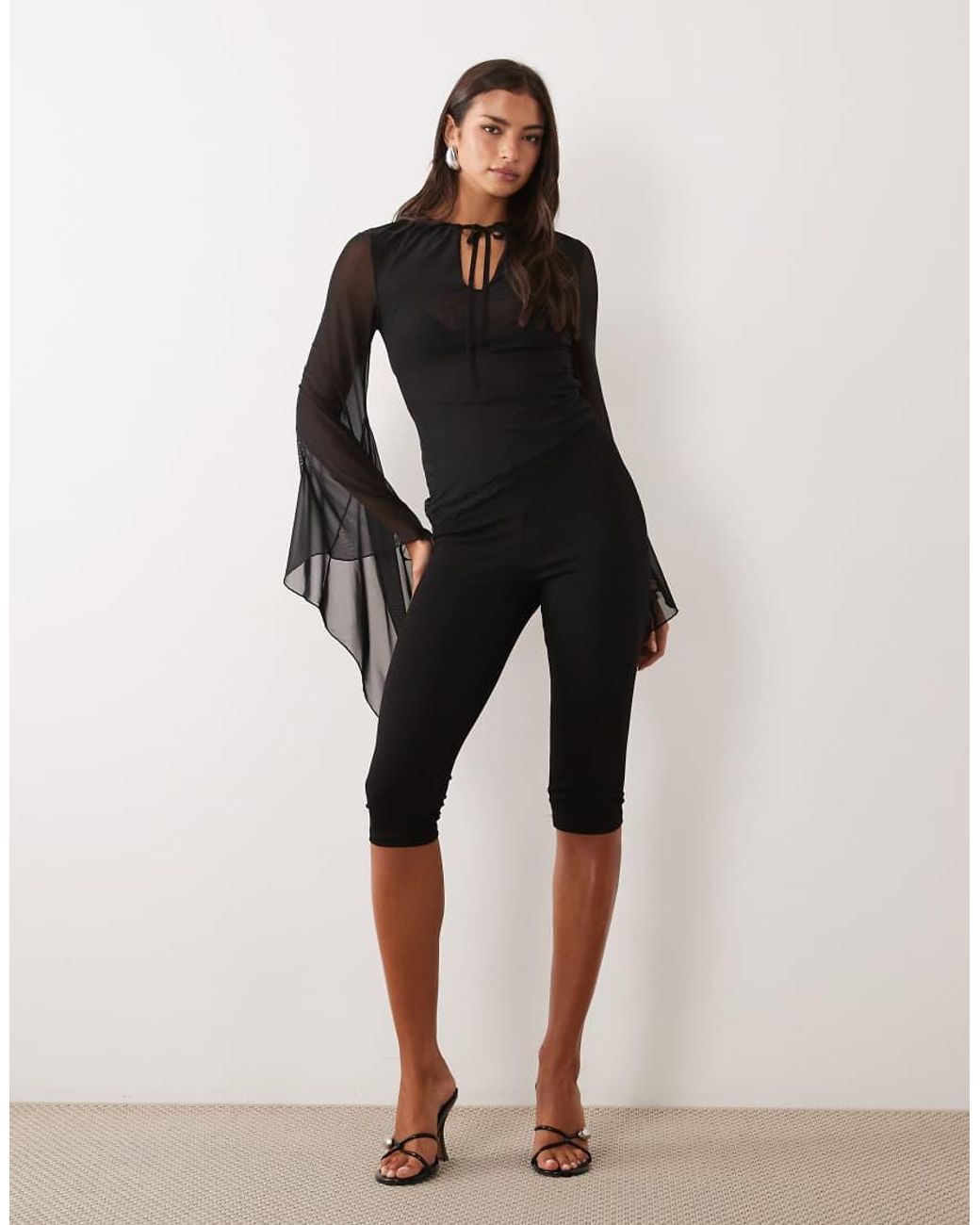 ASOS Black Mesh Asymmetric Hem Draped Sleeve Key Hole Mesh Top