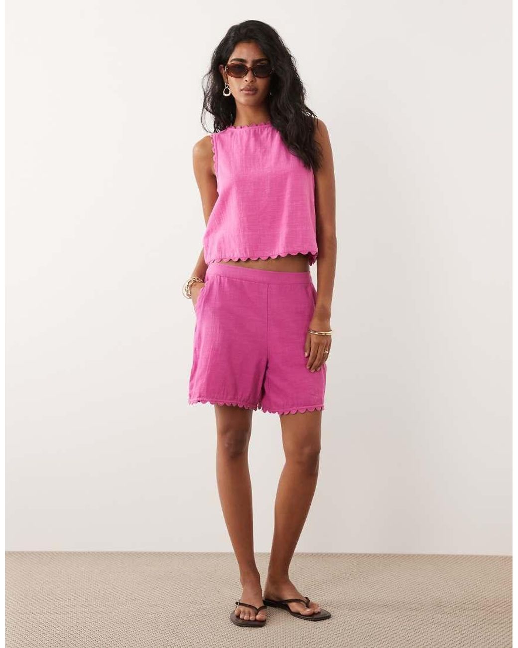Vila Pink Cotton Scallop Trim Shorts Co-ord
