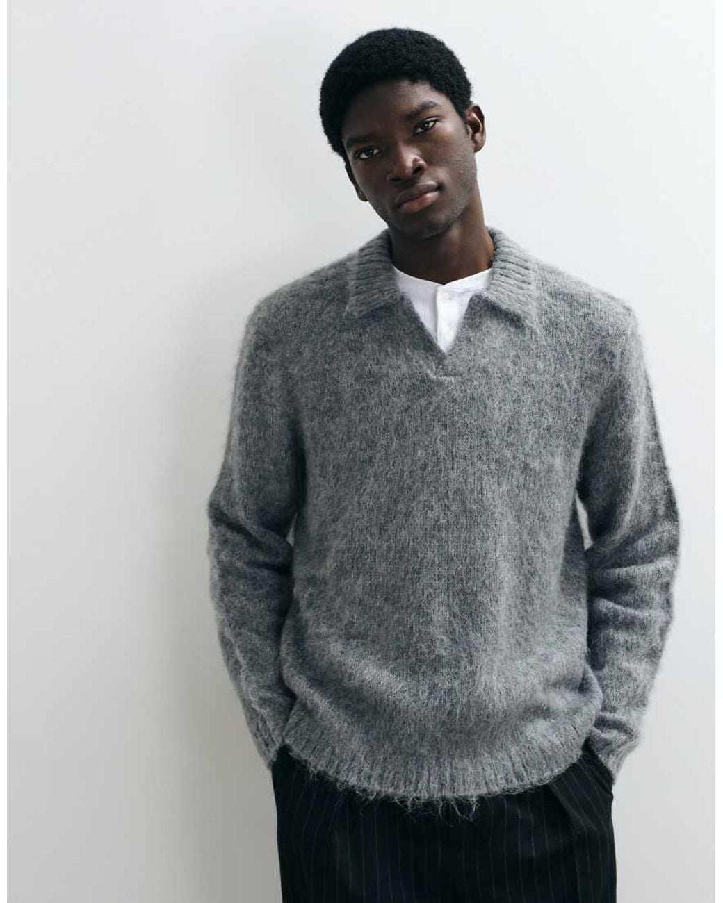 ASOS Gray Oversized Knitted Mohair Notch Neck Jumper for men