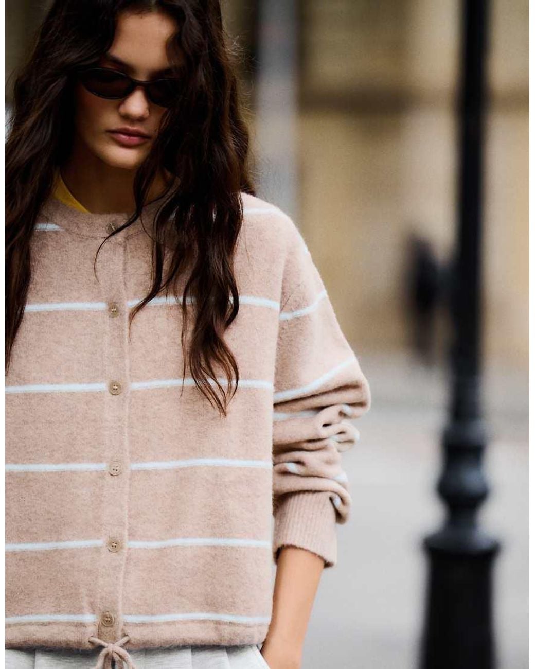 Bershka Black Round Neck Striped Knit Cardigan
