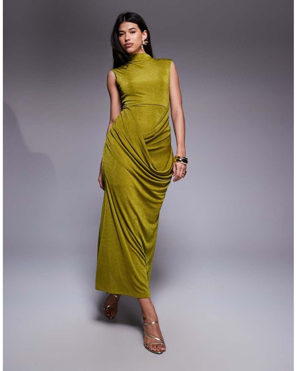 ASOS Green Textured Slinky Capped Sleeve Maxi Dress With Drape