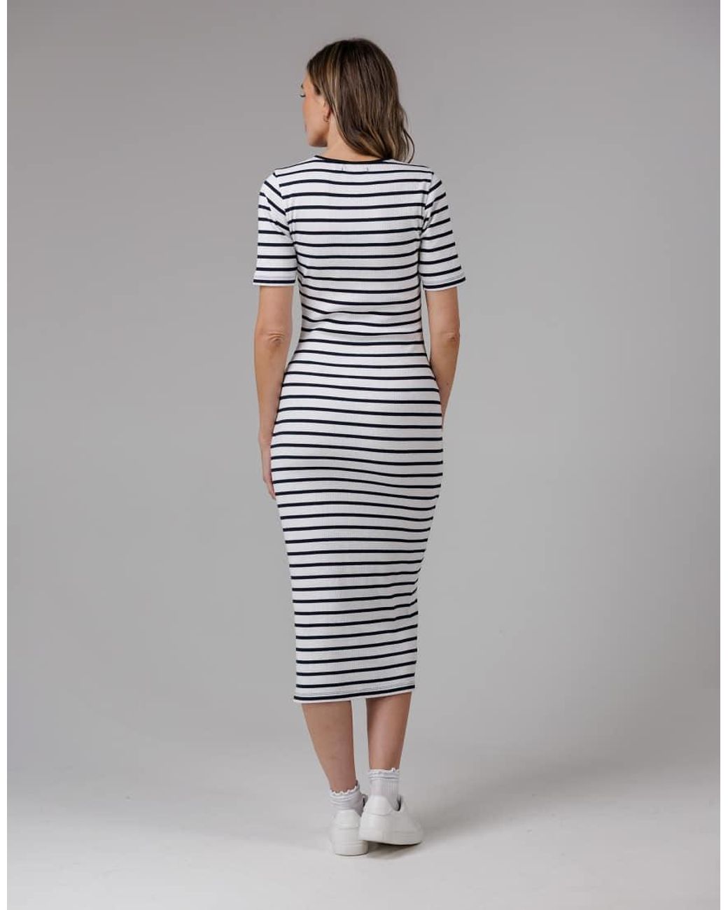 French Connection Gray Cotton Ribbed Striped Short Sleeve Bodycon Midi Dress