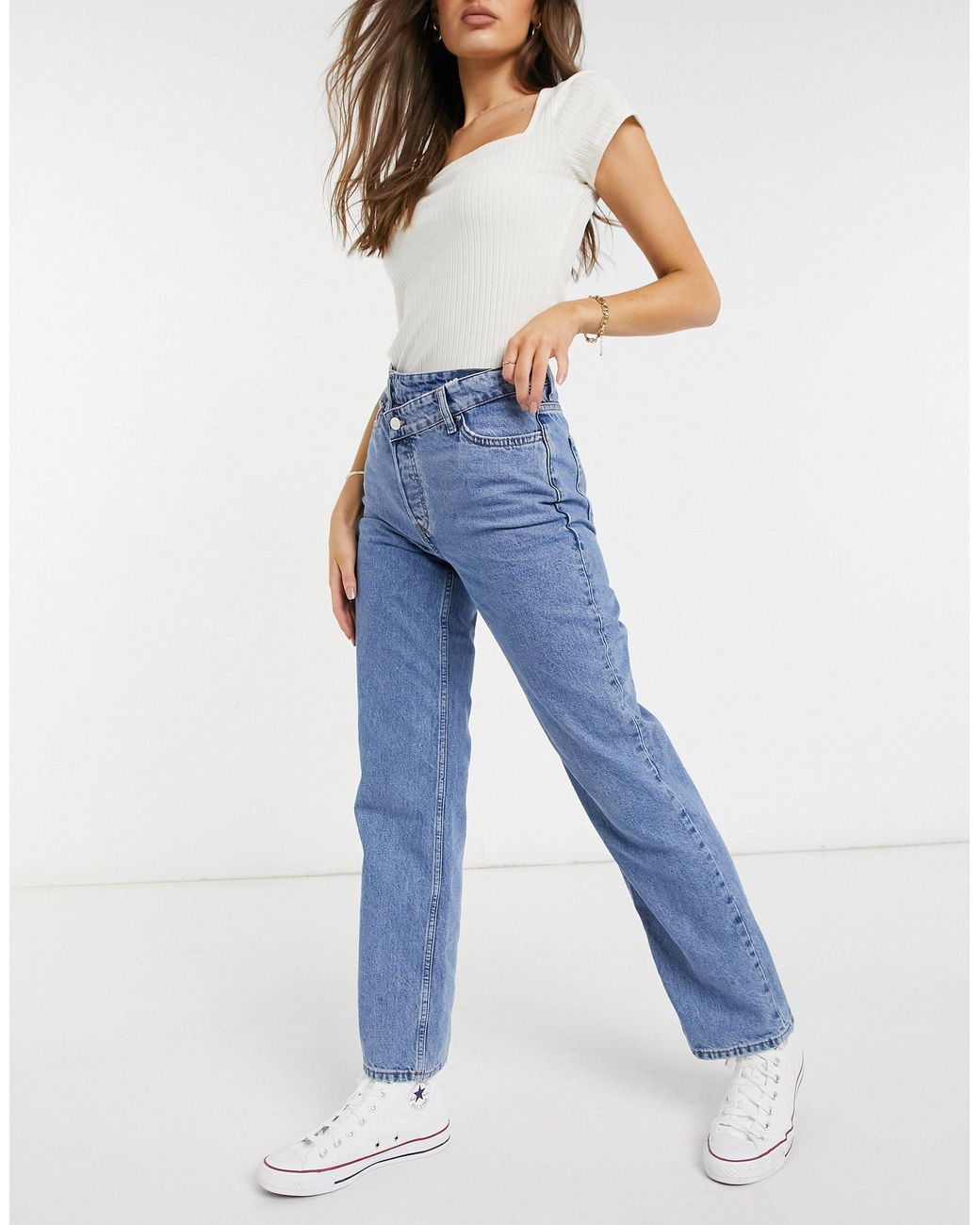 New Look – jeans mit asymmetrischem knopfdetail und geradem bein in Blau |  Lyst DE