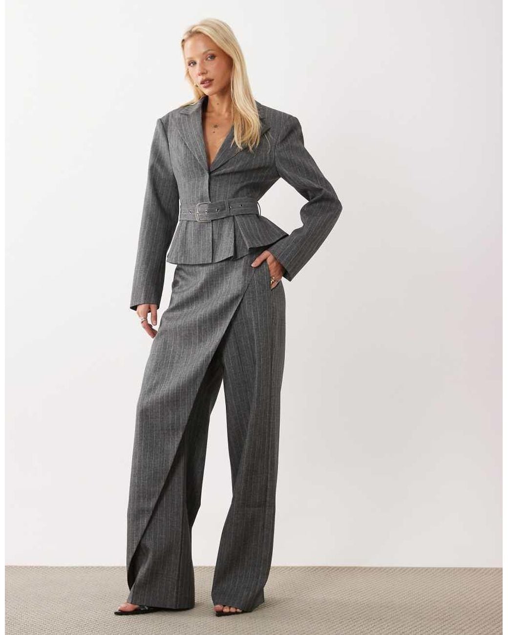 ASOS Gray Tailored Cinched Belted Long Sleeve Blazer